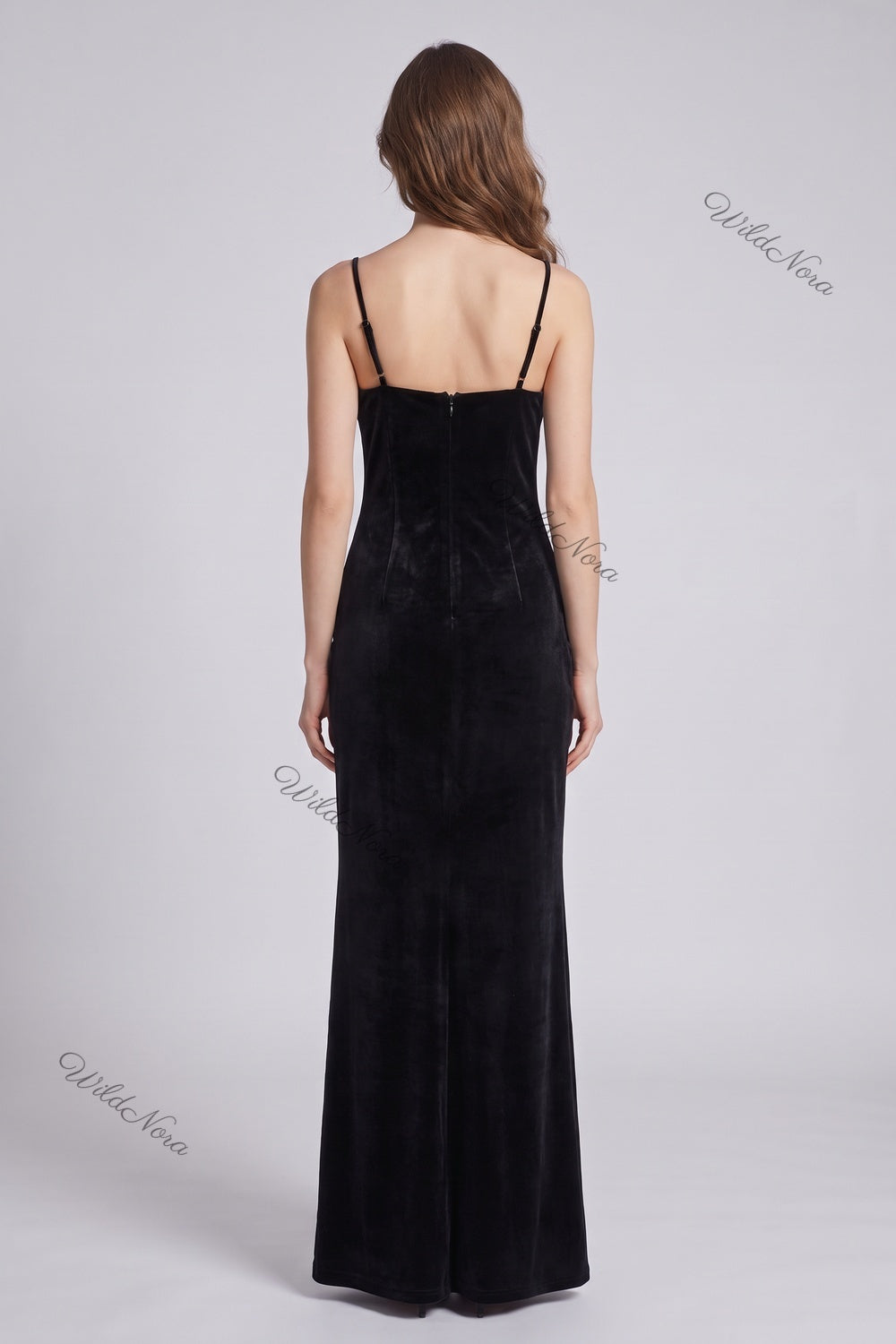 Black Velvet Column Dress with Silver Rhinestone Flower Embellishments black velvet dress - product view 3