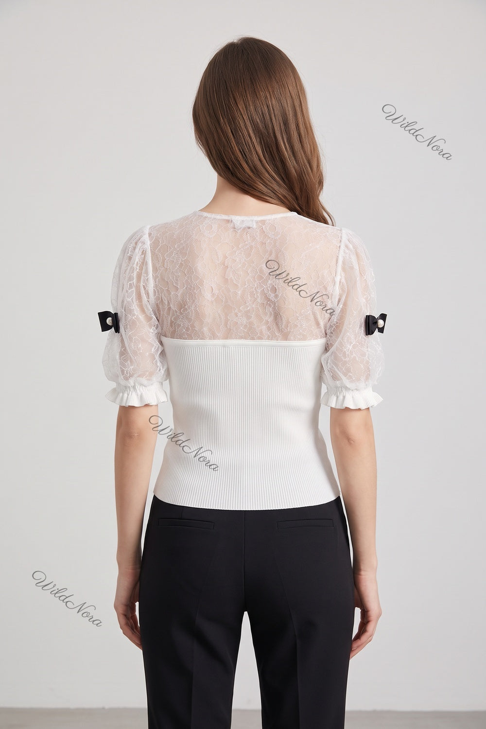 White Ribbed Knit and Lace Puff Sleeve Top with Pearl Bow Details white ribbed knit top - product view 3