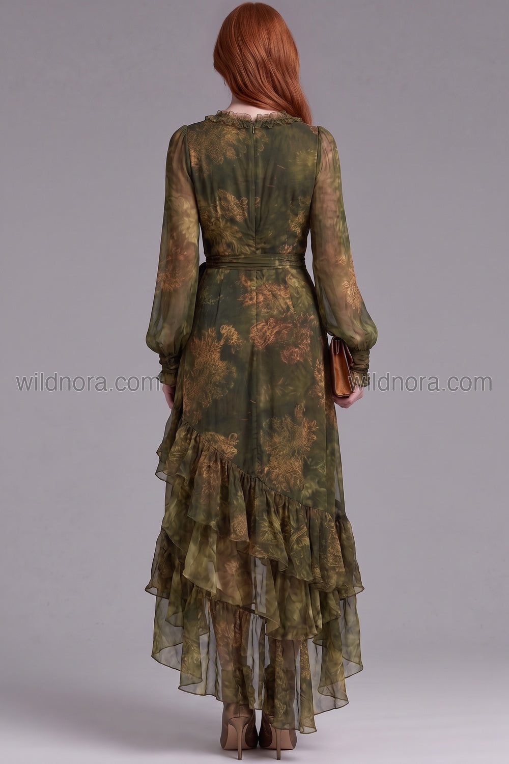 Olive Green Sheer Chiffon Wrap Dress with Asymmetrical Ruffled Hem olive green, forest green sheer chiffon dress - product view 2