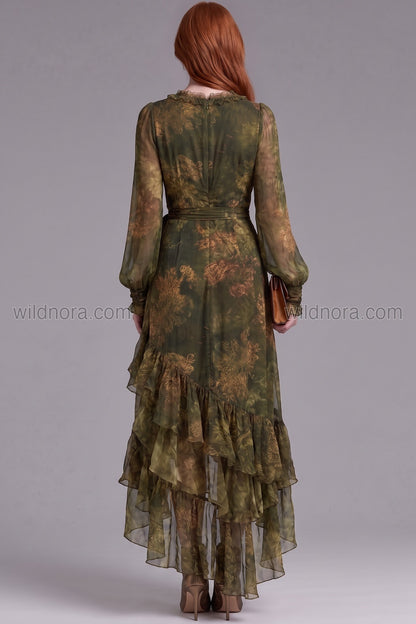 Olive Green Sheer Chiffon Wrap Dress with Asymmetrical Ruffled Hem olive green, forest green sheer chiffon dress - product view 2