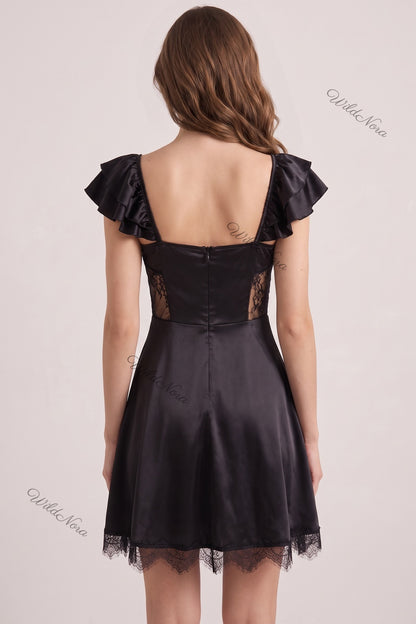Black Satin Fit-and-Flare Mini Dress with Ruffled Cap Sleeves and Sheer Lace black satin dress - product view 3