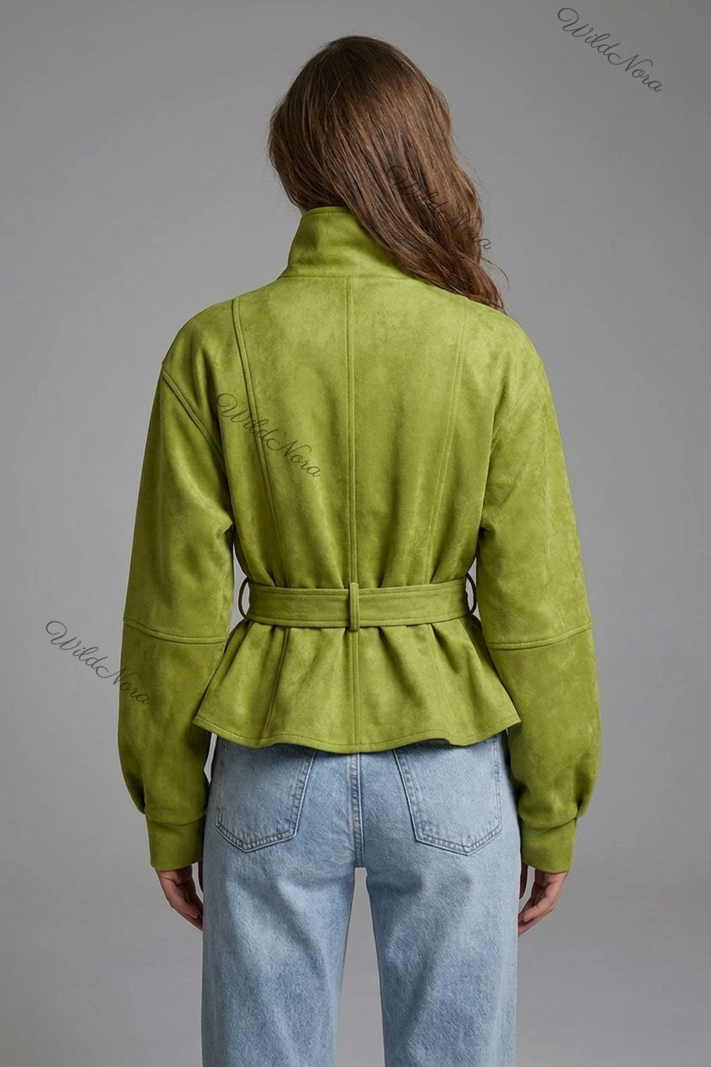 Lime Green Faux Suede Peplum Jacket with Balloon Sleeves lime green faux suede jacket - product view 3