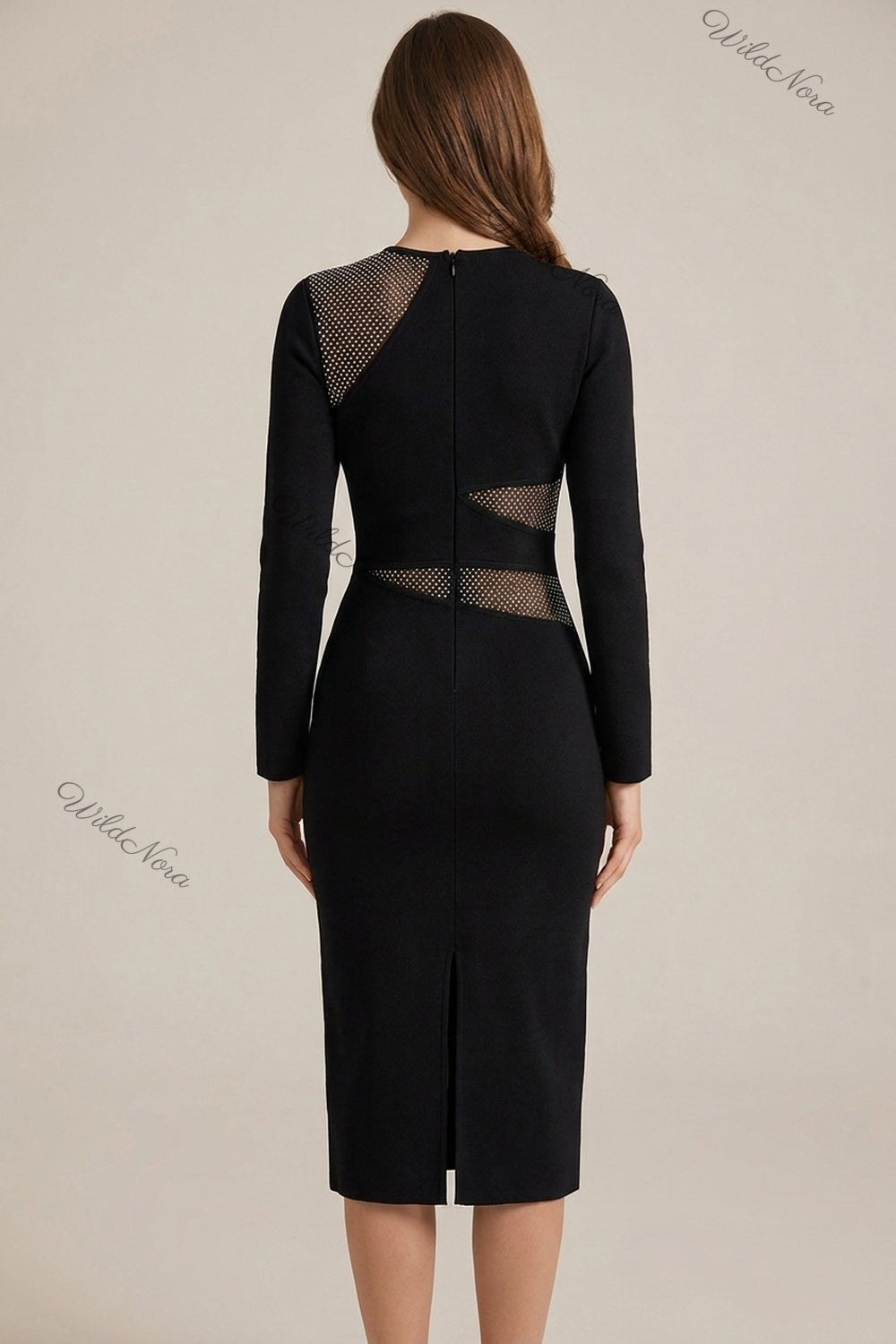 Black Heavy Knit Sheath Dress with Rhinestone Mesh Cutouts black heavy structured knit dress - product view 3
