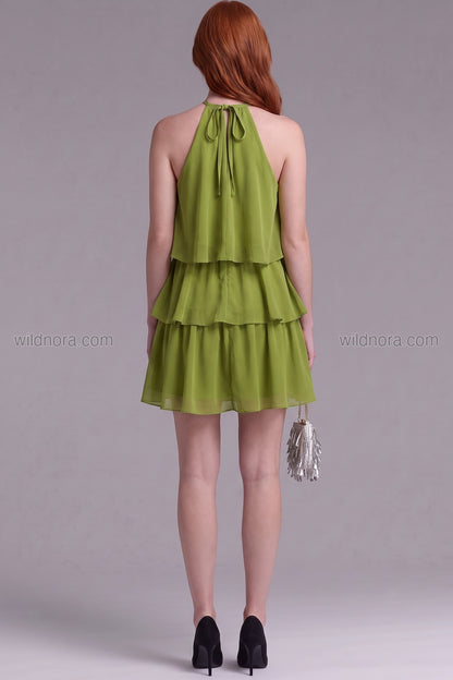 Olive Green Chiffon A-line Tiered Mini Dress olive green chiffon dress - product view 2