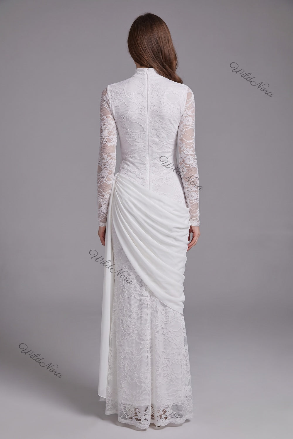 White Floral Lace Column Dress with Asymmetrical Draped Overlay white floral lace dress - product view 3