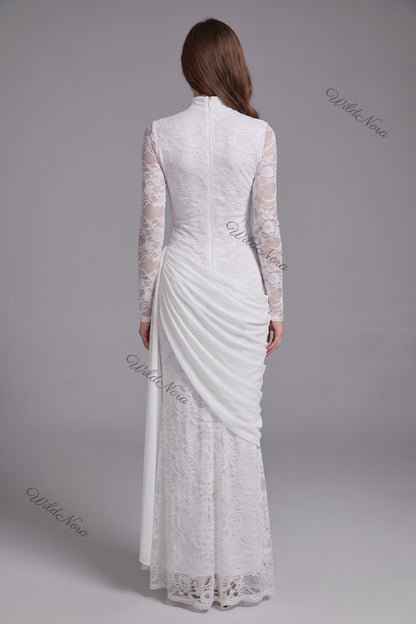 White Floral Lace Column Dress with Asymmetrical Draped Overlay white floral lace dress - product view 3