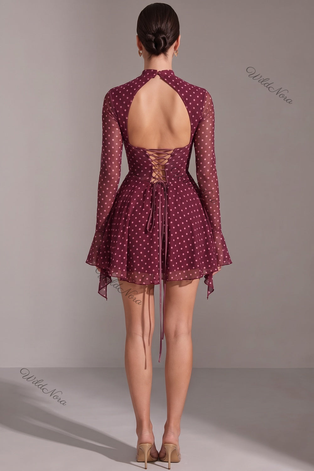 Burgundy Polka Dot Chiffon Fit-and-Flare Mini Dress burgundy sheer chiffon dress - product view 3