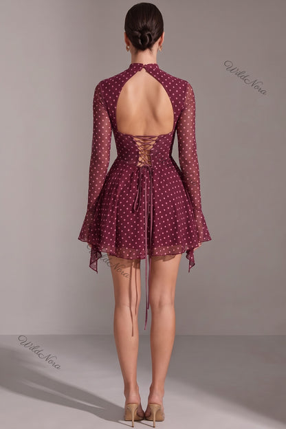 Burgundy Polka Dot Chiffon Fit-and-Flare Mini Dress burgundy sheer chiffon dress - product view 3