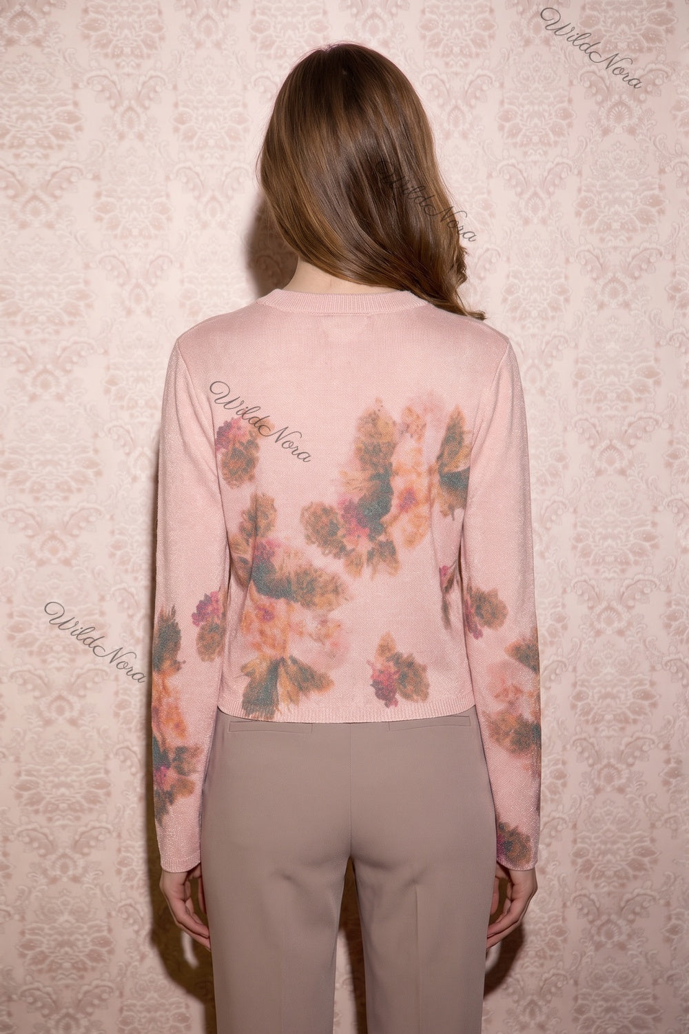Dusty Pink Fine-Gauge Knit Cardigan with Watercolor Floral Print dusty pink fine-gauge knit cardigan - product view 3