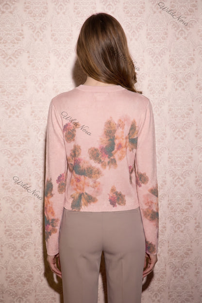 Dusty Pink Fine-Gauge Knit Cardigan with Watercolor Floral Print dusty pink fine-gauge knit cardigan - product view 3