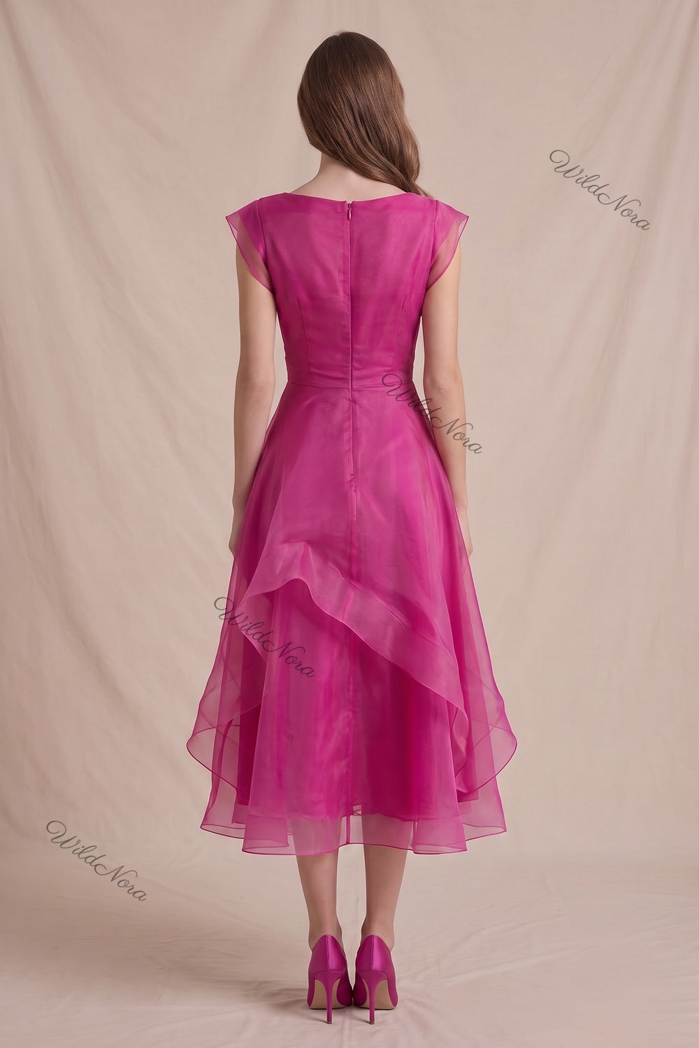 Magenta Organza A-Line Fit-and-Flare Midi Dress magenta organza dress - product view 3
