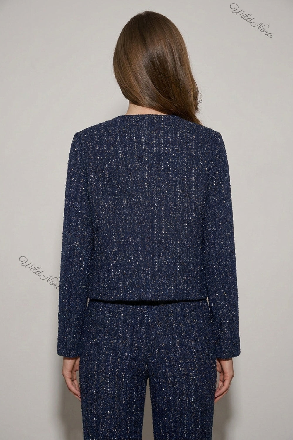 Navy Blue Tweed Boxy Cropped Jacket navy blue tweed jacket - product view 3