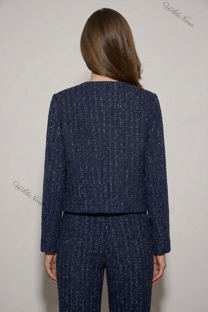 Navy Blue Tweed Boxy Cropped Jacket navy blue tweed jacket - product view 3