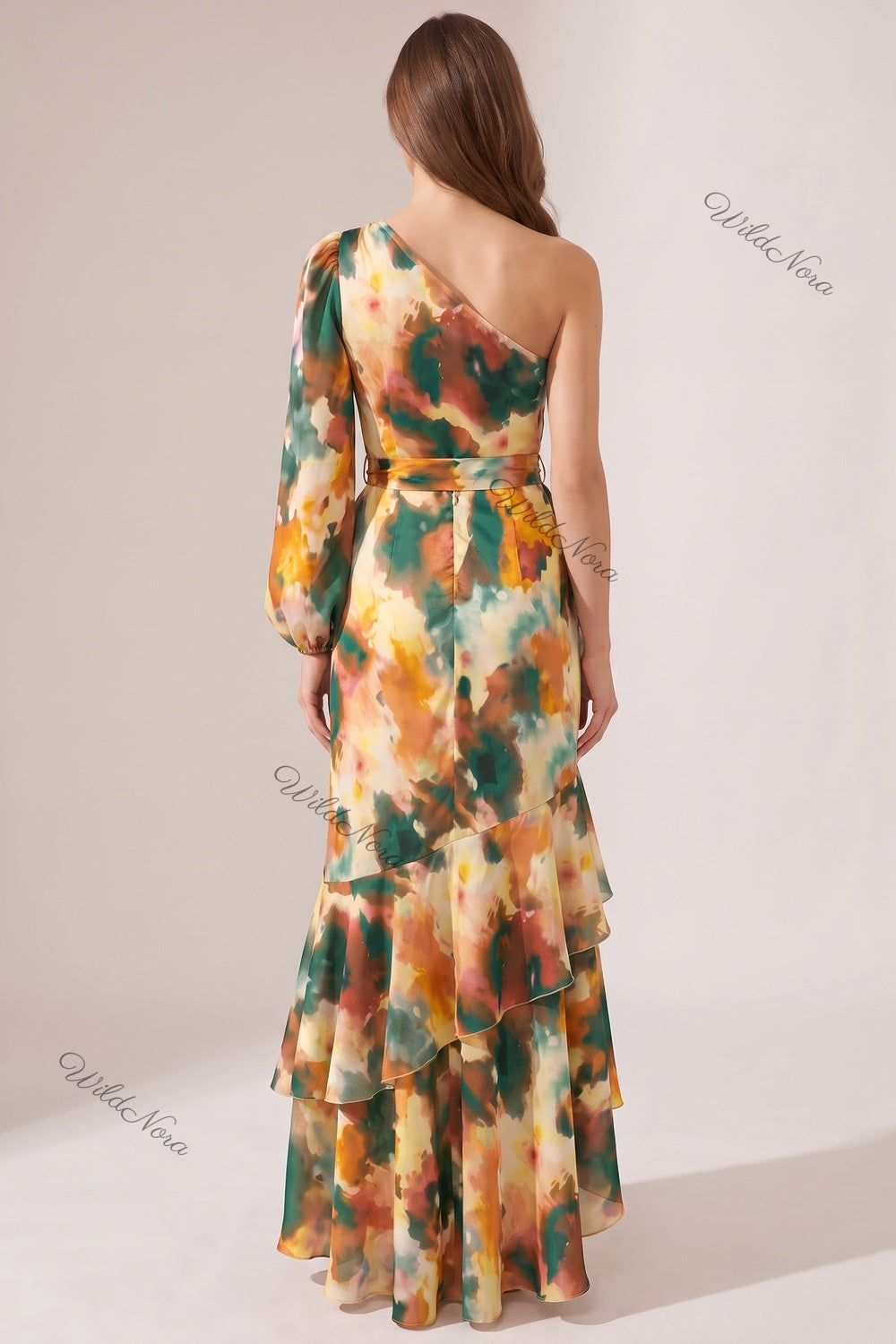 Orange Chiffon One-Shoulder Mermaid Dress with Asymmetrical Ruffles and Watercolor Print orange, green, yellow, cream chiffon dress - product view 3