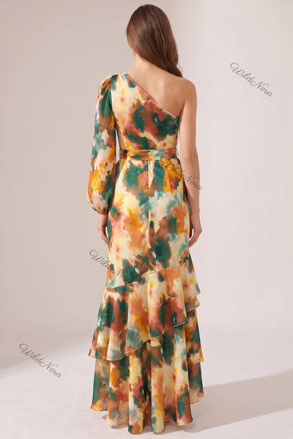 Orange Chiffon One-Shoulder Mermaid Dress with Asymmetrical Ruffles and Watercolor Print orange, green, yellow, cream chiffon dress - product view 3