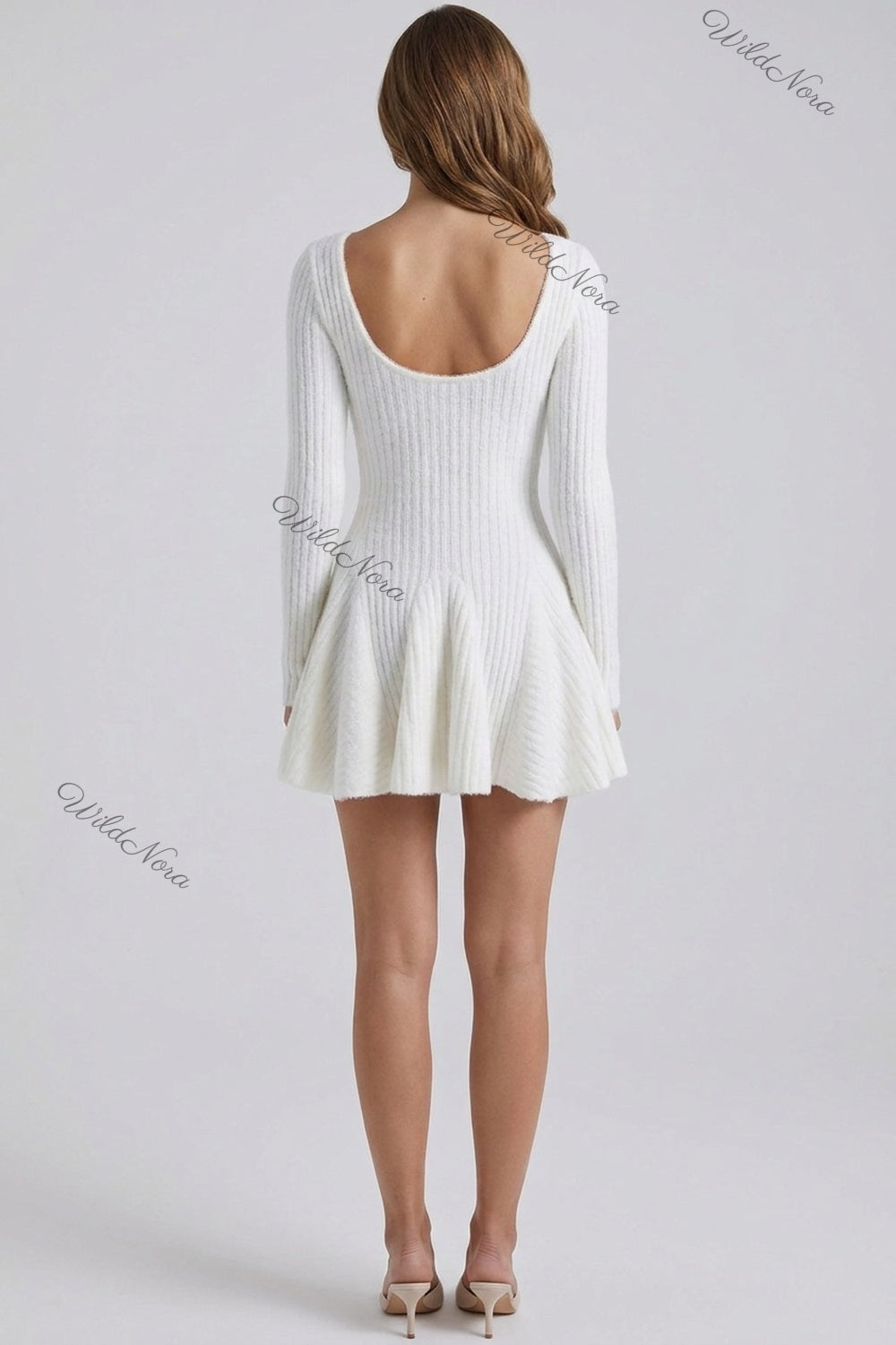 White Textured Knit Fit-and-Flare Mini Dress white textured knit dress - product view 3