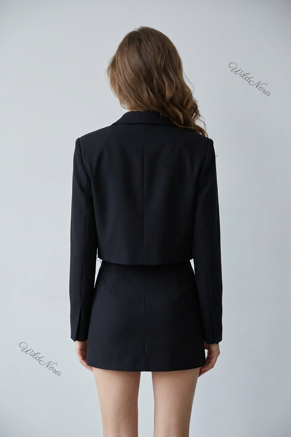 Black Woven Structured Cropped Blazer with Rhinestone Bow Embellishments black woven suiting fabric cropped blazer - product view 3