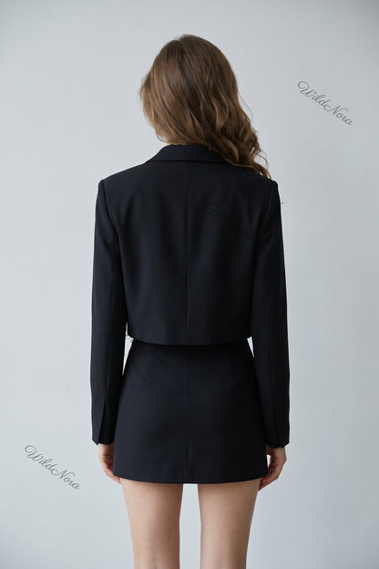 Black Woven Structured Cropped Blazer with Rhinestone Bow Embellishments black woven suiting fabric cropped blazer - product view 3