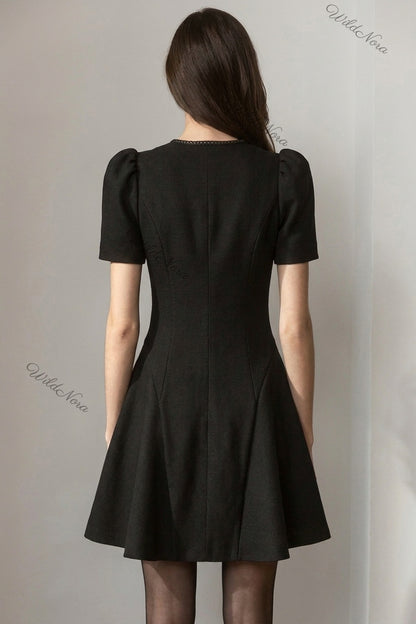 Black Textured Woven Crepe Fit-and-Flare Mini Dress black textured woven crepe dress - product view 3