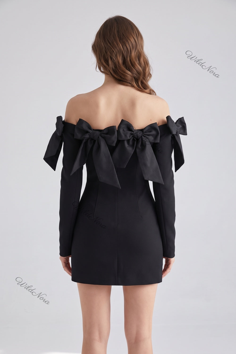 Black Structured Blazer Mini Dress with Off-Shoulder Bows black structured woven suiting blazer mini dress - product view 3