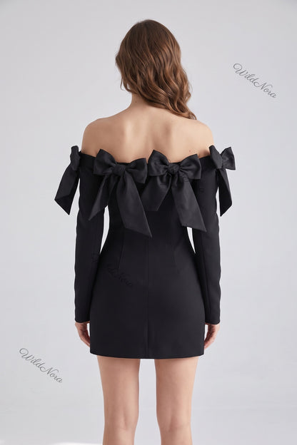 Black Structured Blazer Mini Dress with Off-Shoulder Bows black structured woven suiting blazer mini dress - product view 3
