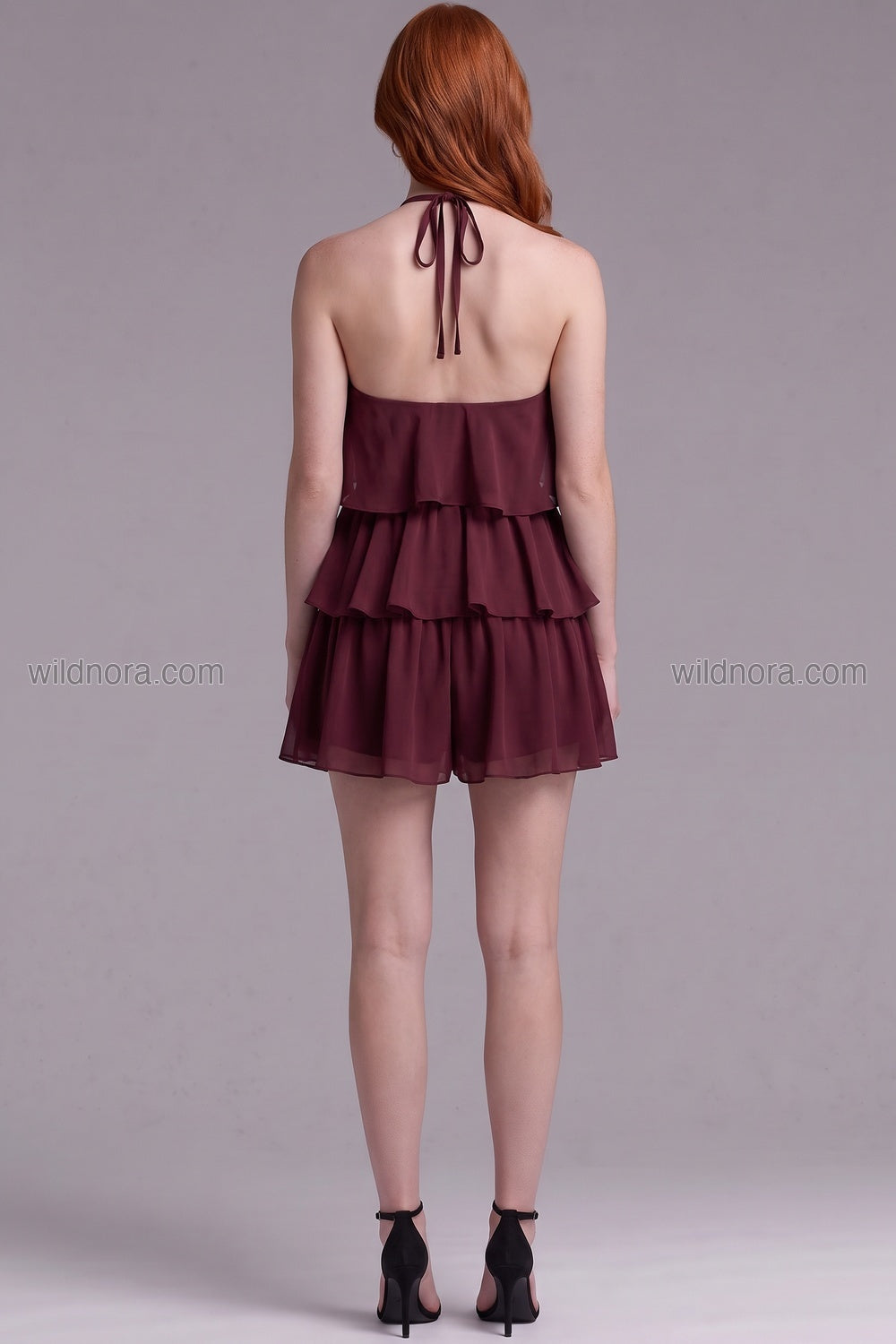 Burgundy Chiffon Tiered Ruffle Halter Romper burgundy chiffon tiered romper - product view 2