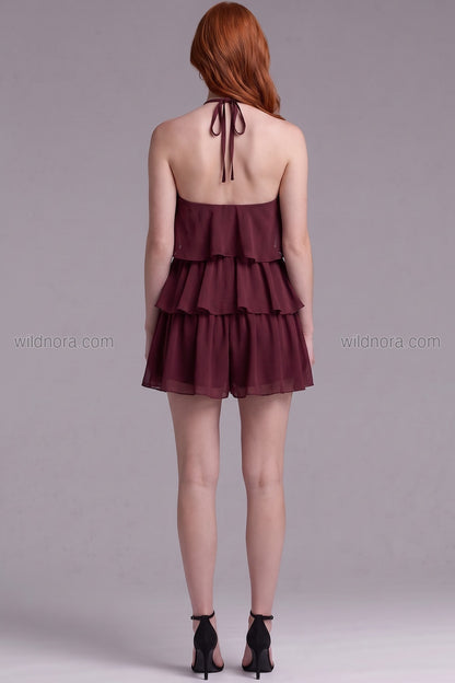 Burgundy Chiffon Tiered Ruffle Halter Romper burgundy chiffon tiered romper - product view 2