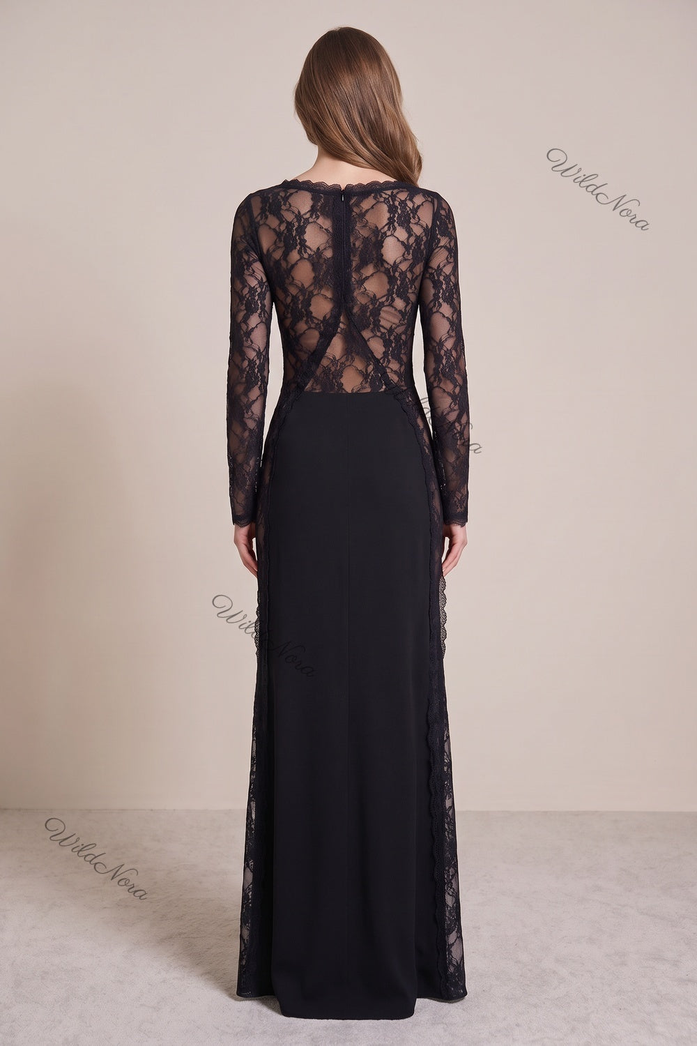 Black Matte Crepe Column Evening Gown with Sheer Floral Lace black matte crepe evening gown - product view 3