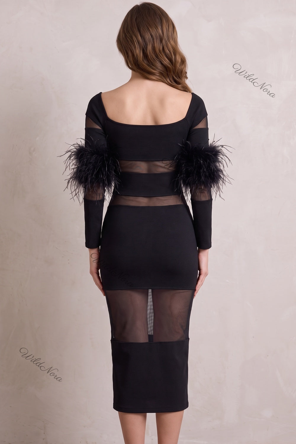 Black Structured Stretch Knit Sheath Dress with Feather Trim black heavy structured stretch knit dress - product view 3