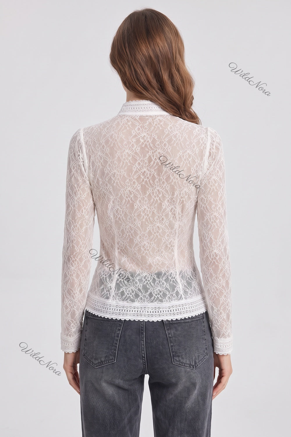 White Sheer Floral Lace Fitted Blouse white sheer floral lace blouse - product view 3