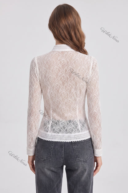 White Sheer Floral Lace Fitted Blouse white sheer floral lace blouse - product view 3