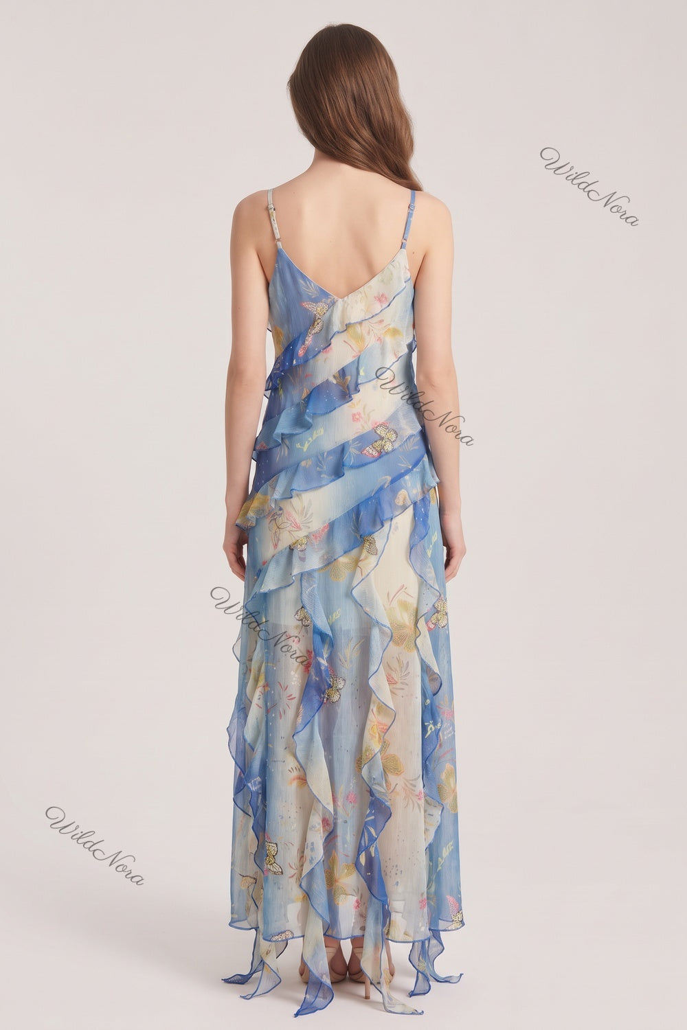 Blue Chiffon Asymmetrical A-Line Maxi Dress blue, cream chiffon dress - product view 3