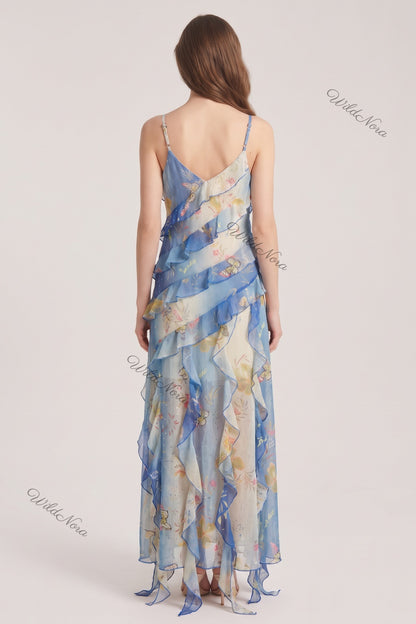 Blue Chiffon Asymmetrical A-Line Maxi Dress blue, cream chiffon dress - product view 3