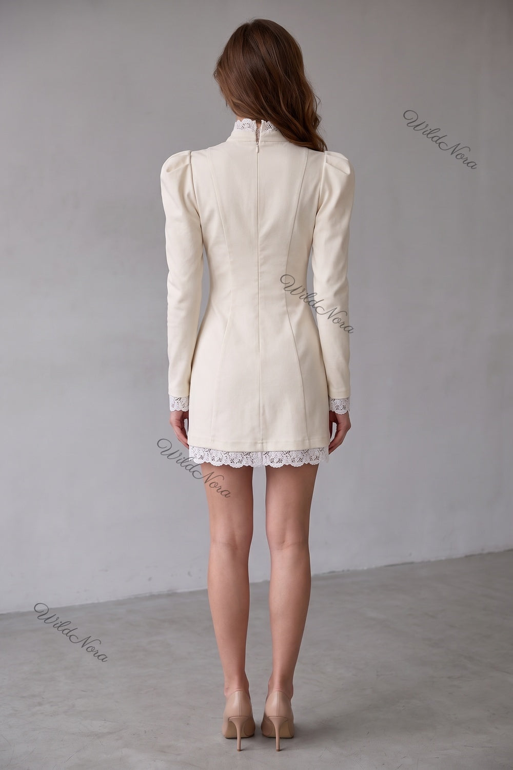 Cream Structured A-Line Mini Dress with Puff Shoulders and Lace Trim cream, off-white structured medium-weight woven or knit mini dress - product view 3
