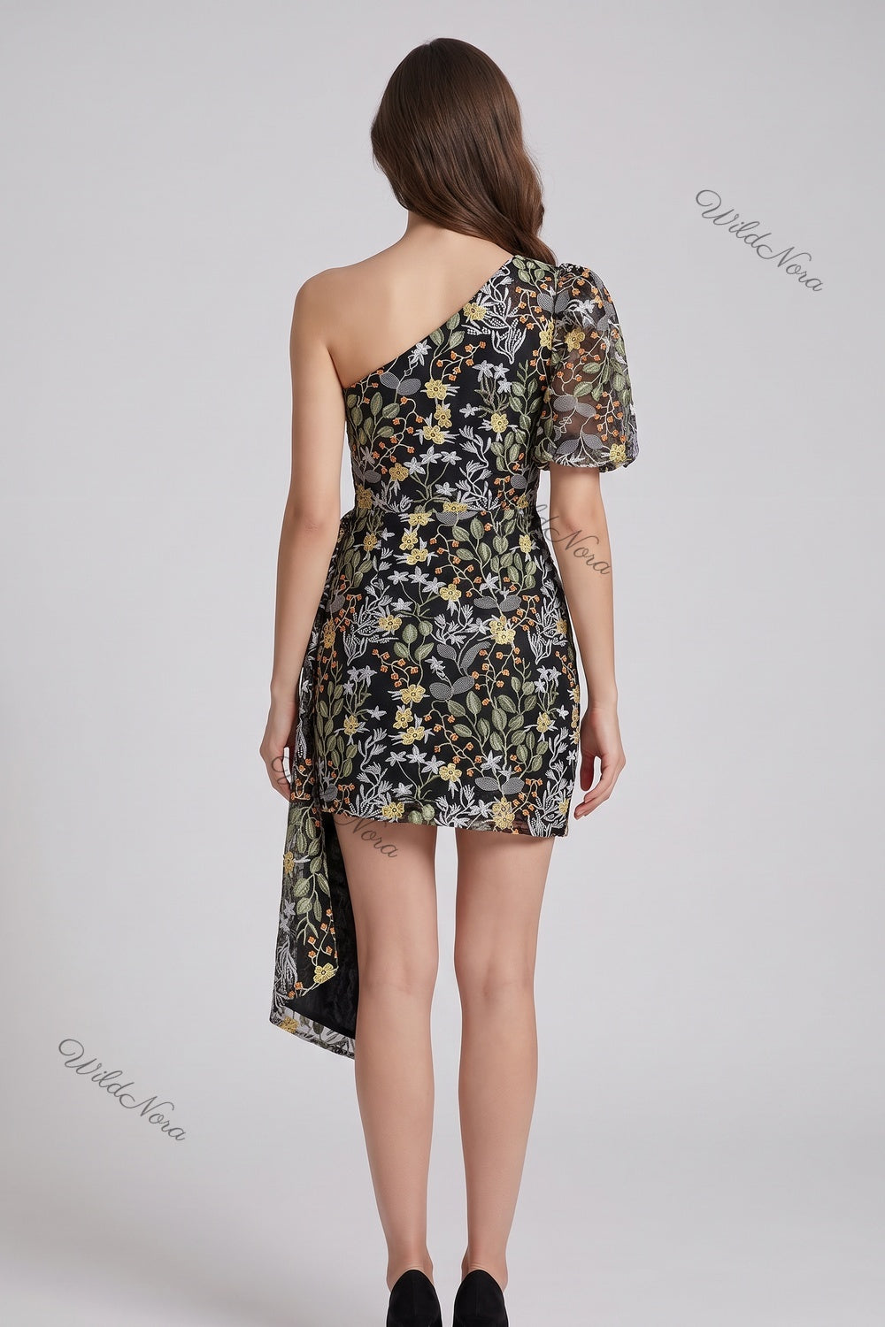 Black Floral Embroidered Sheer Mesh Asymmetrical One-Shoulder Dress black embroidered sheer mesh dress - product view 3