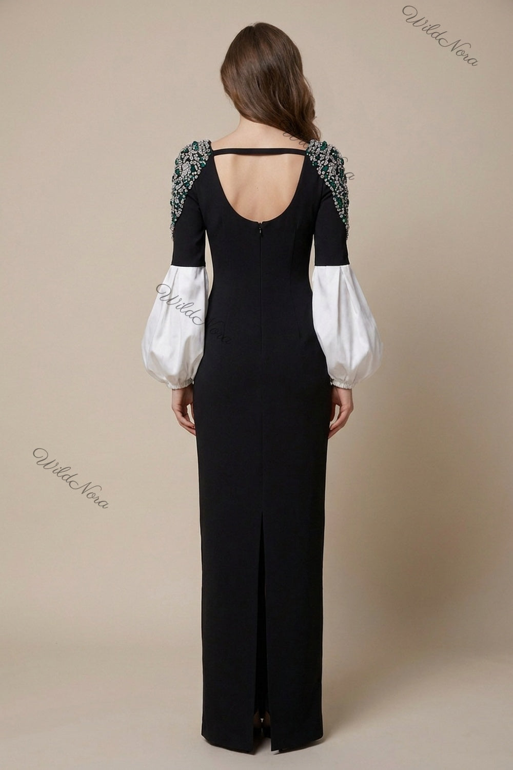 Black Column Evening Gown with Crystal Shoulders & White Puff Sleeves black heavy matte crepe evening gown - product view 3