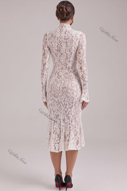 White Floral Lace Trumpet Midi Dress white floral lace dress - product view 3