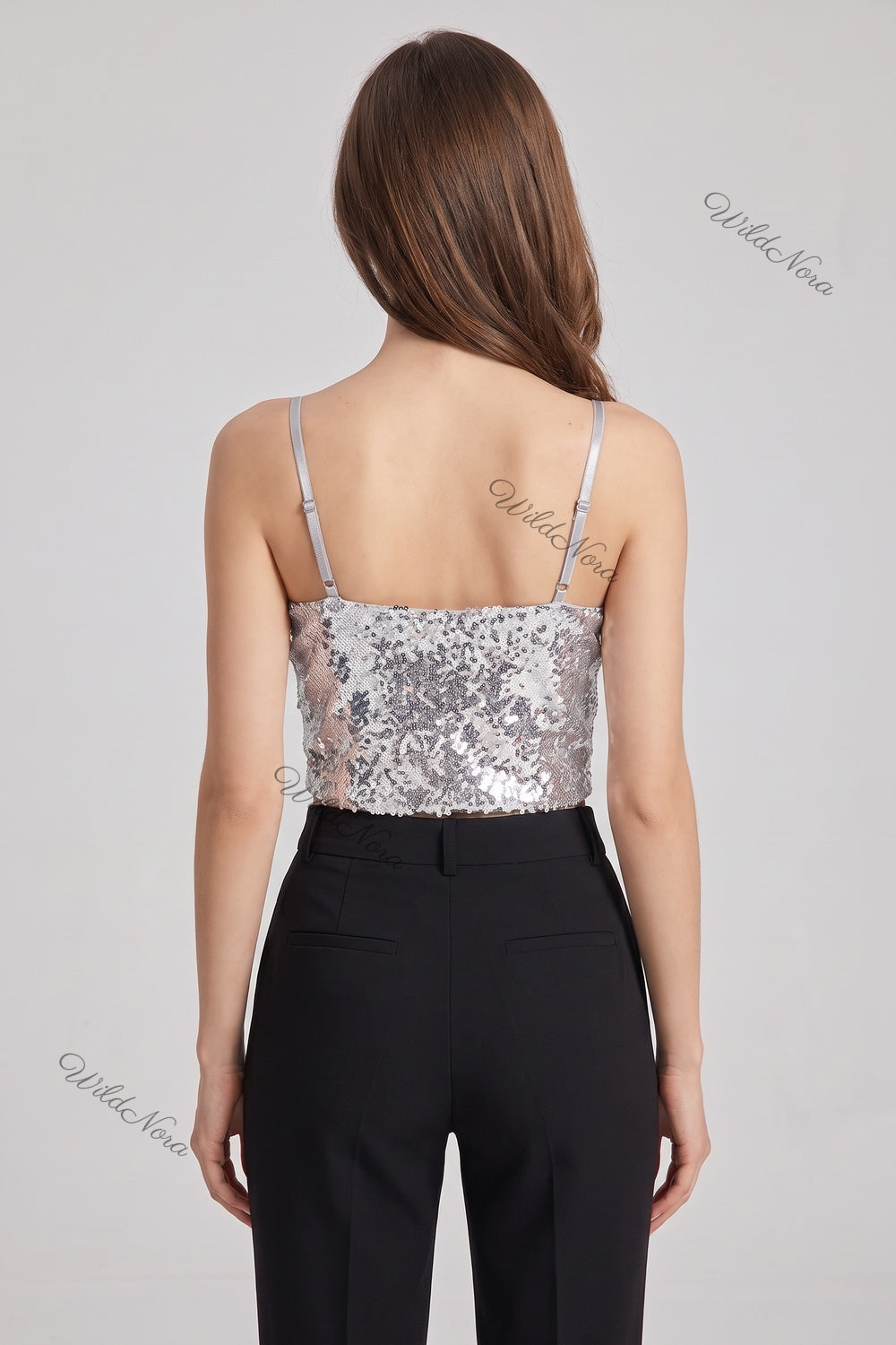 Silver Sequined Mesh Camisole Crop Top silver sequined mesh crop top - product view 3