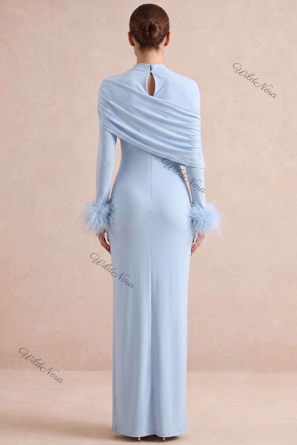 Light Blue Stretch Jersey Column Gown with Feather Cuffs light blue stretch jersey gown - product view 3
