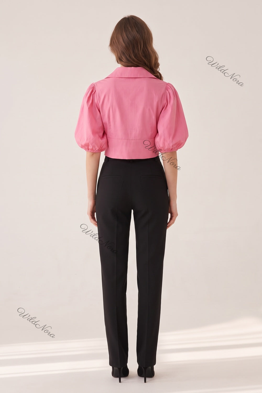 Pink Cotton Poplin Cropped Blouse with Voluminous Puff Sleeves pink cotton poplin cropped blouse - product view 3
