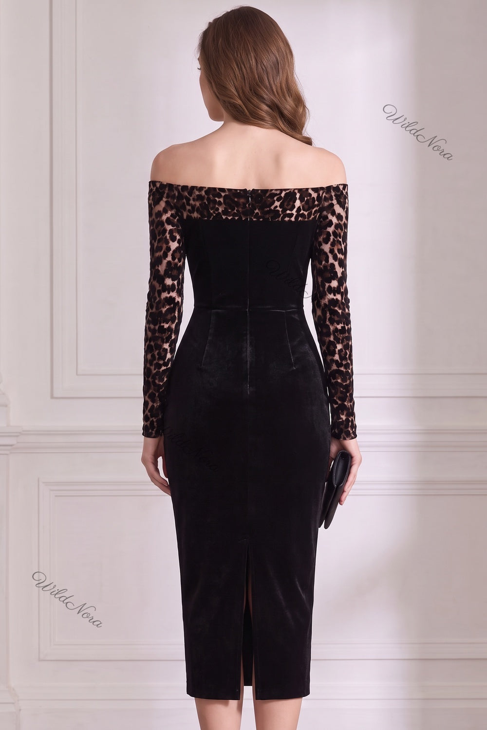 Black Velvet Off-the-Shoulder Sheath Dress with Leopard Print Sleeves black velvet dress - product view 3