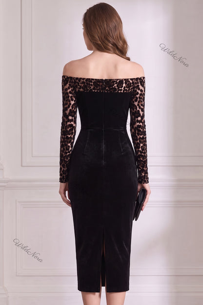 Black Velvet Off-the-Shoulder Sheath Dress with Leopard Print Sleeves black velvet dress - product view 3