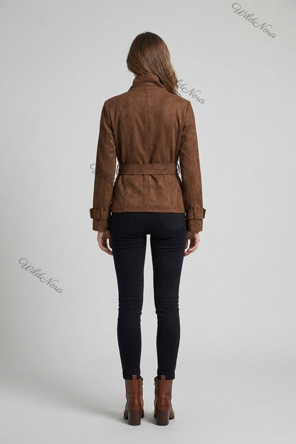 Chocolate Brown Faux-Suede Structured Belted Jacket chocolate brown faux-suede jacket - product view 3