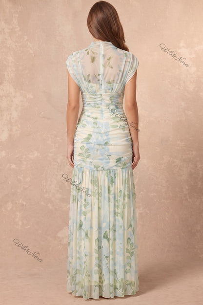 Cream Watercolor Floral Drop-Waist Maxi Dress Cream, Off-white Sheer mesh Maxi dress - product view 3