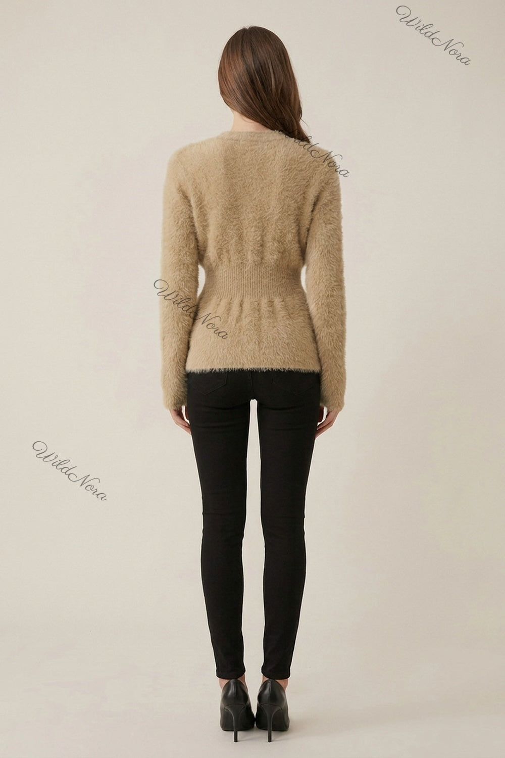 Beige Eyelash Knit / Mohair Blend Fitted Cardigan beige, camel eyelash knit / mohair blend cardigan - product view 3