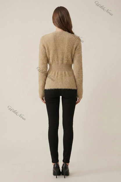 Beige Eyelash Knit / Mohair Blend Fitted Cardigan beige, camel eyelash knit / mohair blend cardigan - product view 3