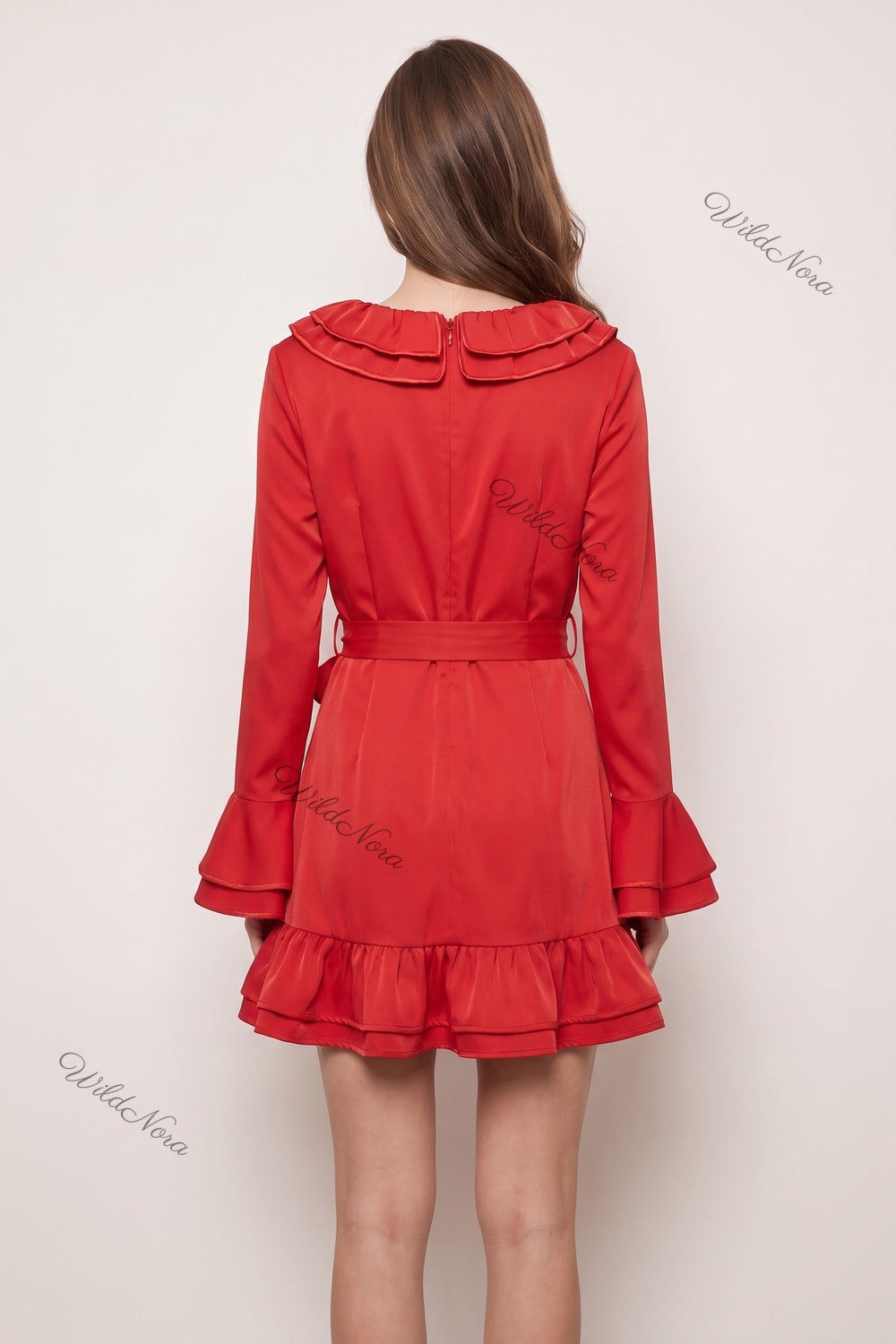 Red Double-Ruffle Fit-and-Flare Mini Dress red smooth woven polyester blend dress - product view 3