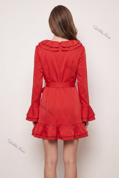 Red Double-Ruffle Fit-and-Flare Mini Dress red smooth woven polyester blend dress - product view 3