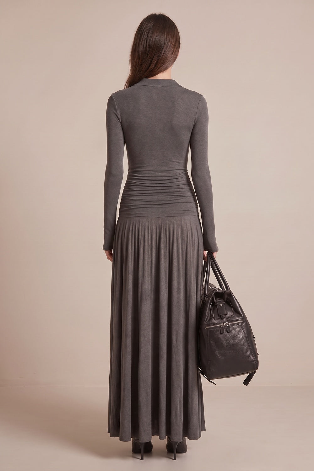 Grey Ruched Maxi Dress with Polo Collar Premium Fabric - product view 7