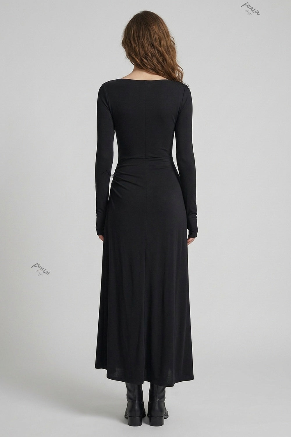 Black Stretch Jersey Maxi Dress with Draped Skirt and Thumbhole Sleeves black stretch jersey knit maxi dress - product view 3